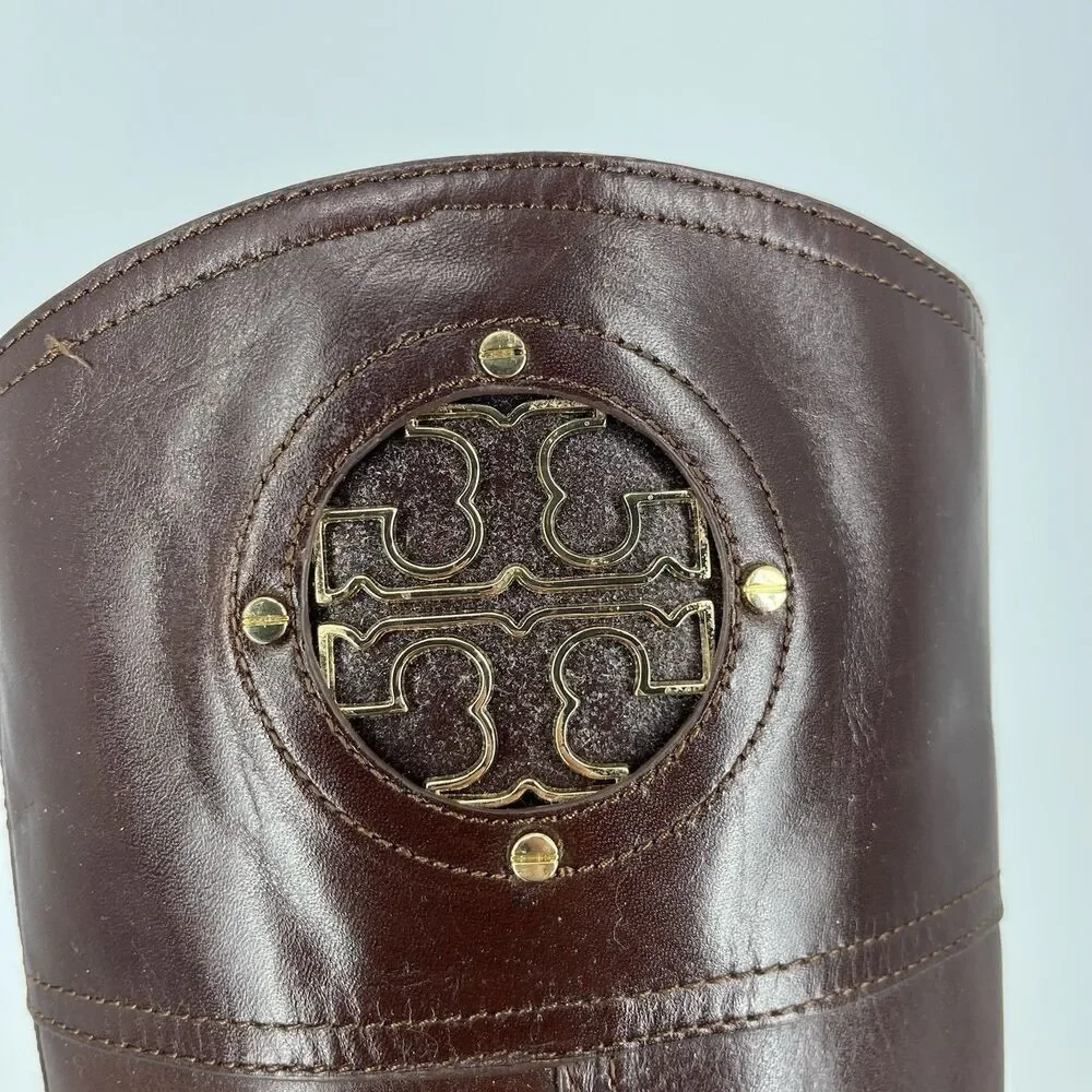 Tory Burch Kiernan Boots Size 7.5 Womens Brown Western Leather Riding Gold Logo